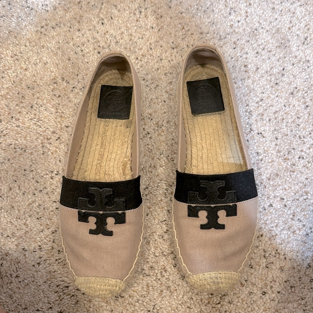 Tory Burch Weston Espadrille Flat Shoes Beige Black Canvas Calf Leather …